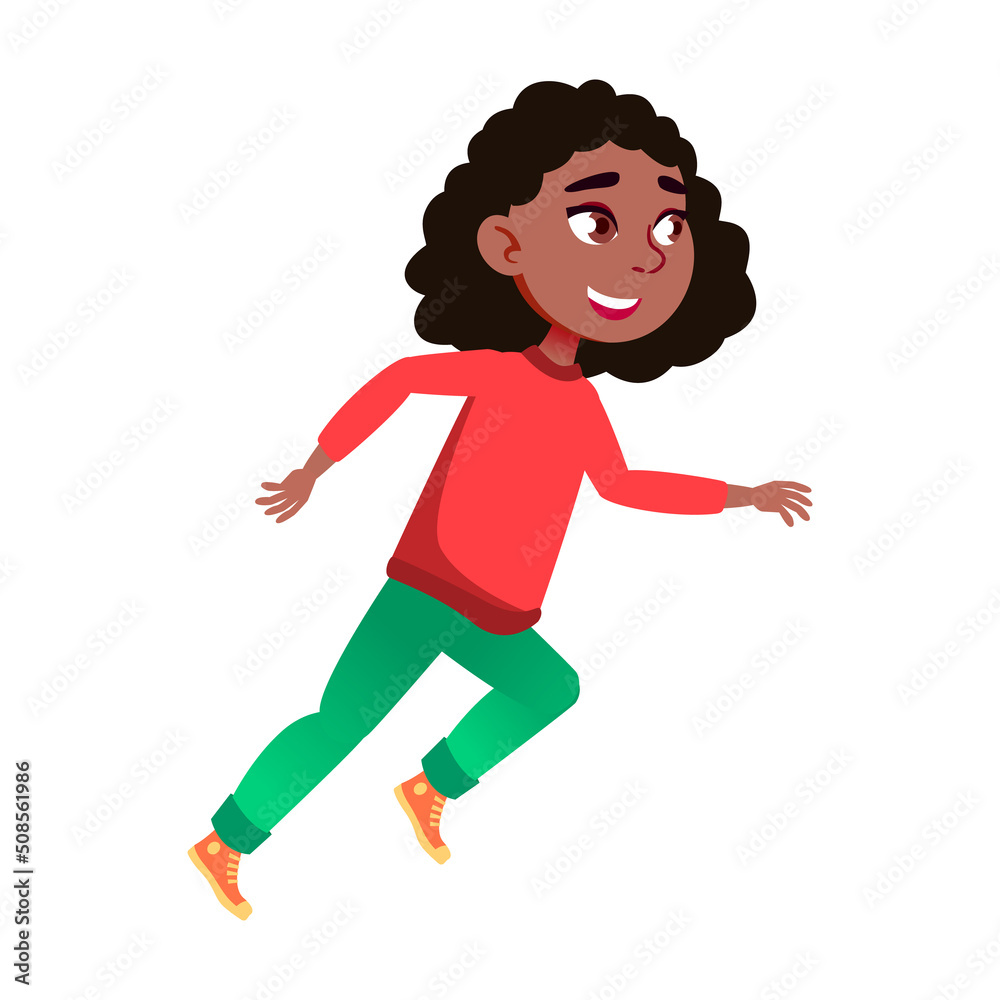 Schoolgirl Jogger Running On Sport Stadium Vector. Happiness African Girl Running On Sportive Track And Exercising Healthy Marathon. Young Character Training Flat Cartoon Illustration