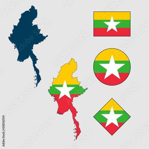 Vector of Myanmar country outline silhouette with flag set isolated on white background. Collection of Myanmar flag icons with square, circle, rectangle and map shapes.