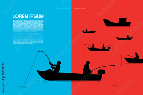 Vector illustration of Blue Ocean Strategy vs Red Blue Ocean Strategy with Lorem ipsum that easy to understand and easy to remember. Image of fisherman in red and blue area. For article, banner.