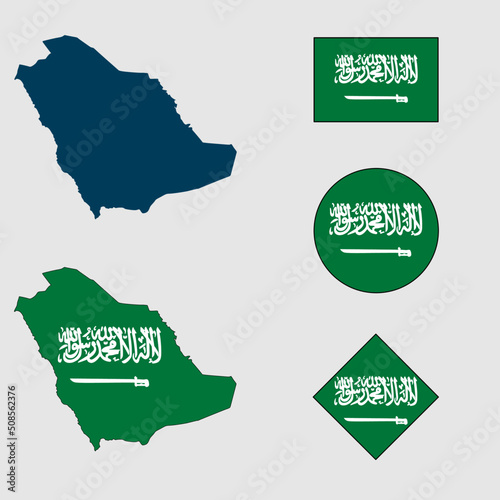 Vector of Saudi Arabia country outline silhouette with flag set isolated on white background. Collection of Saudi Arabia flag icons with square, circle, rectangle and map shapes.