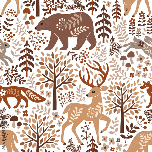 Seamless vector pattern with cute woodland animals, trees and leaves. Scandinavian woodland illustration. Perfect for textile, wallpaper or print design.
