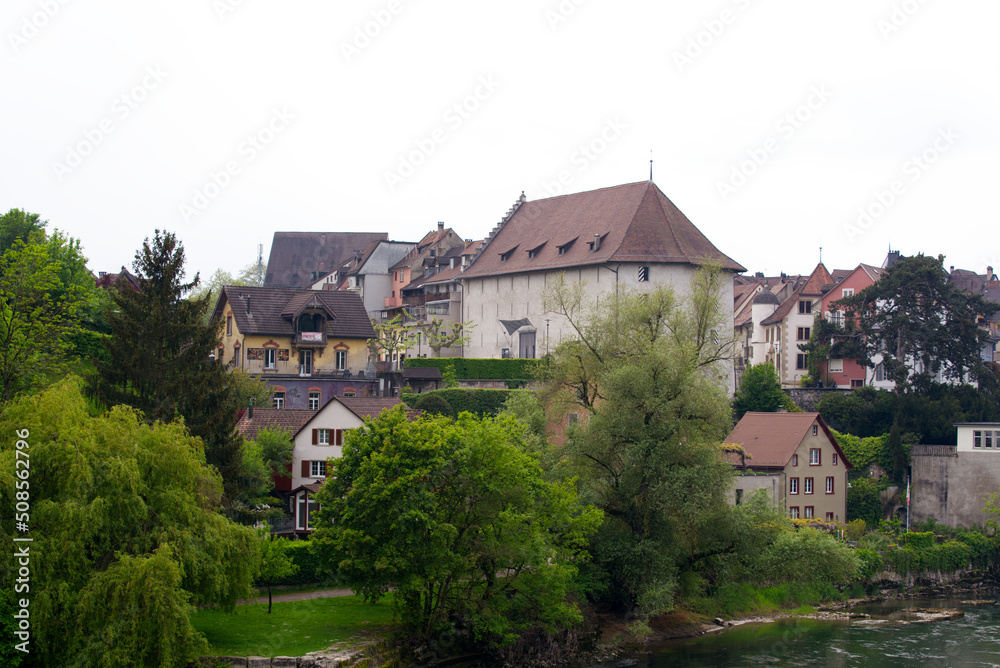 Old town of City of Brugg, Canton Aargau, on a cloudy spring day. Photo taken May 6th, 2022, Brugg, Switzerland.