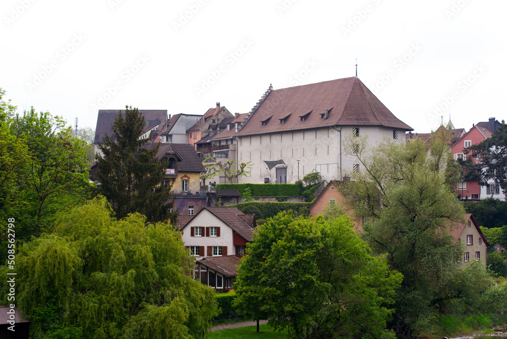 Old town of City of Brugg, Canton Aargau, on a cloudy spring day. Photo taken May 6th, 2022, Brugg, Switzerland.
