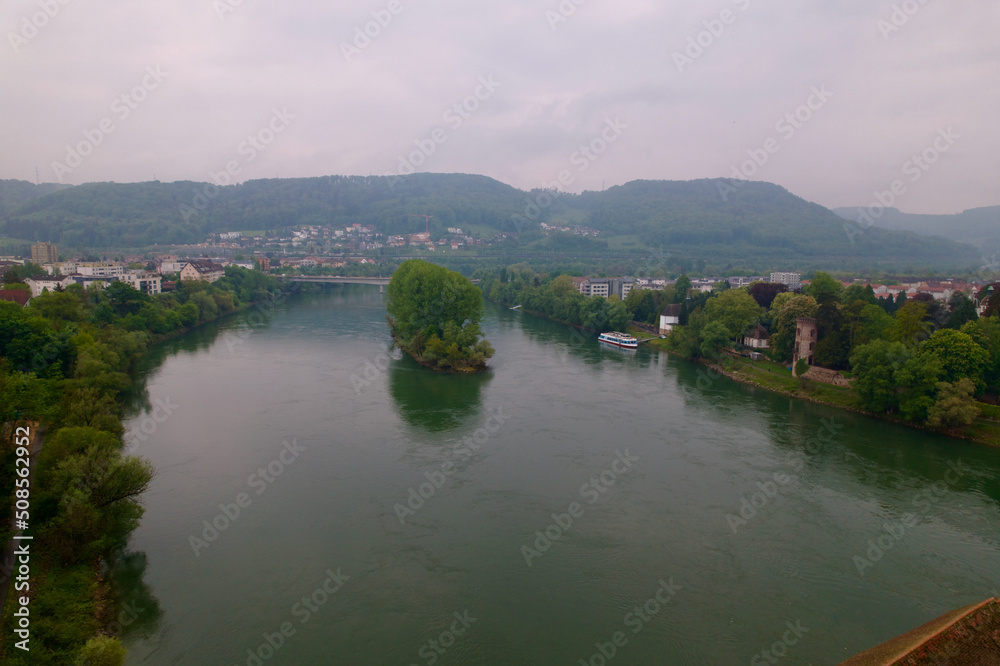Aerial view over Rhine River at Stein, Canton Aargau, and Bad Säckingen, Baden-Württemberg, on a cloudy spring day. Photo taken May 6th, 2022, Stein, Switzerland.