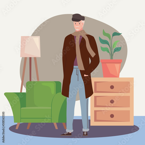 old man modeling in livingroom