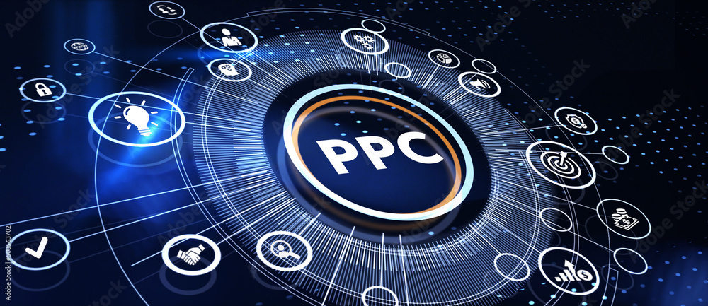 Pay per click payment technology digital marketing internet concept of virtual screen. PPC 3d illustration Pay per click payment technology digital marketing internet concept of virtual screen. PPC 3d illustration