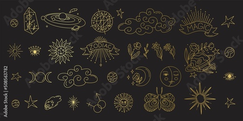 Collection of mystical and astrological icons. Astro tattoo or stickers. Decor for natal chart and horoscopes. Zodiac signs. Big esoteric set. Line art in vector illustration. Isolated elements.