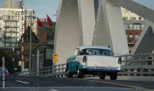 Classic white and blue car on Johnson bridge -2