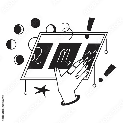Astrology Composition. Drawing up a horoscope by date of birth and zodiac sign. Compatibility analysis of zodiac signs. Lunar cycle. Astrological consultations. Vector illustration.