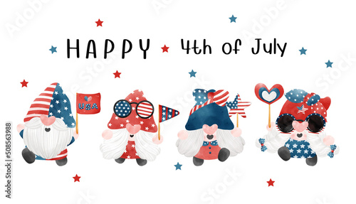 four of 4th of July Gnome Patriotic holding USA flag America Independence day cartoon watercolor illustration vector © Natsicha