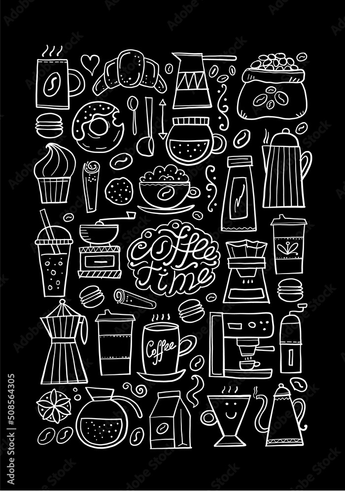 Coffee concept tree for your design. French press, cup of coffee, latte, cappuchino, espresso, grinder, pots, coffee beans, sweets