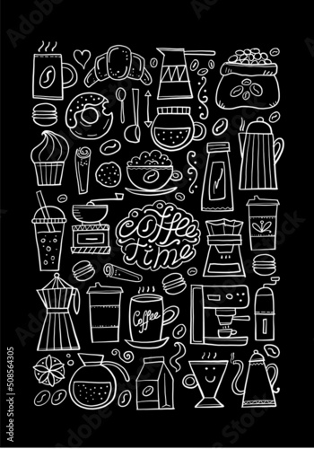 Coffee concept tree for your design. French press, cup of coffee, latte, cappuchino, espresso, grinder, pots, coffee beans, sweets
