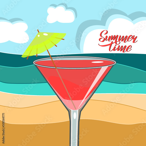 Cocktail Cosmopolitan on the beach with sky and clouds in flat technique vector illustration 