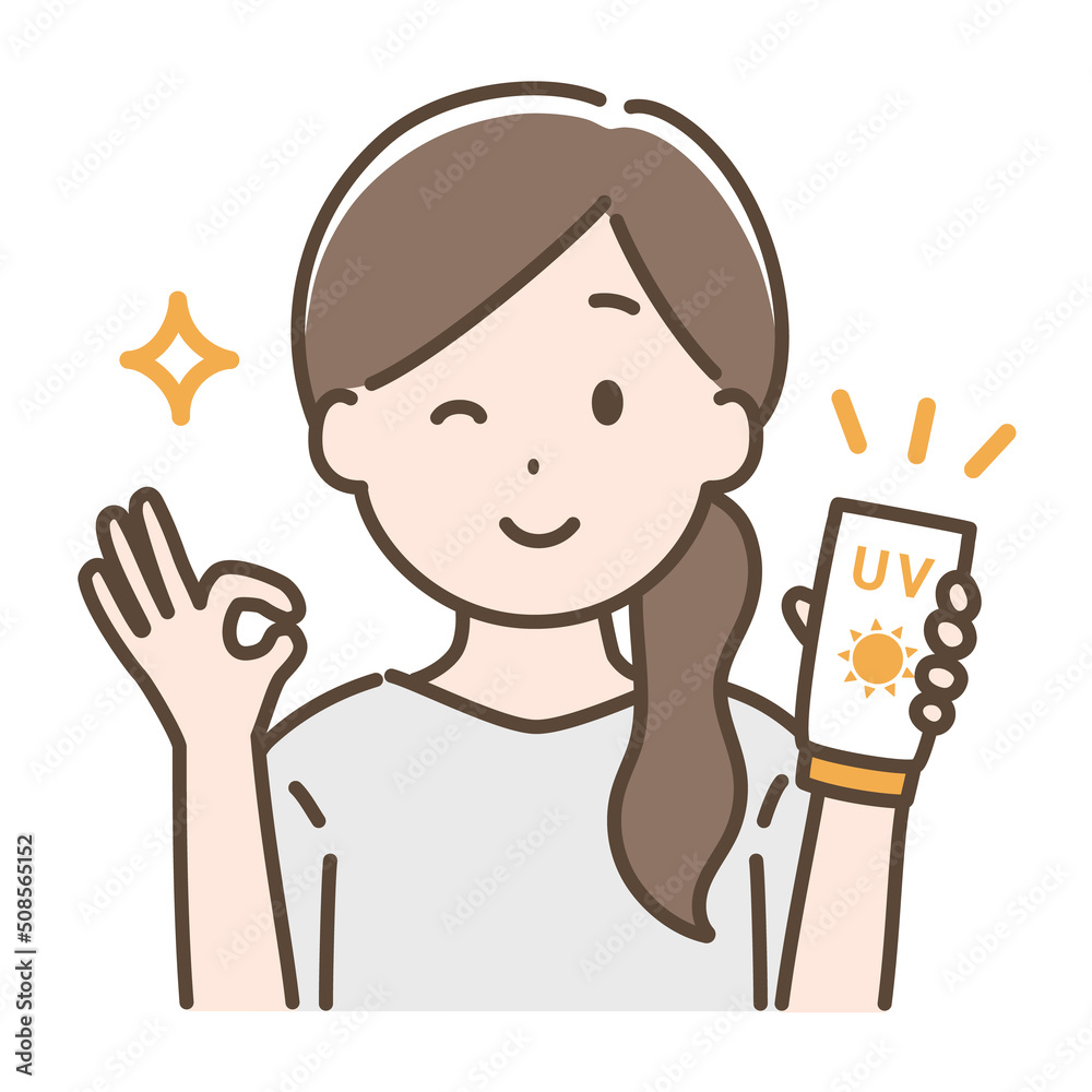 日焼け止めを持ってOKのポーズをしている女性のイラスト 日焼け止めを持ってOKのポーズをしている女性のイラスト