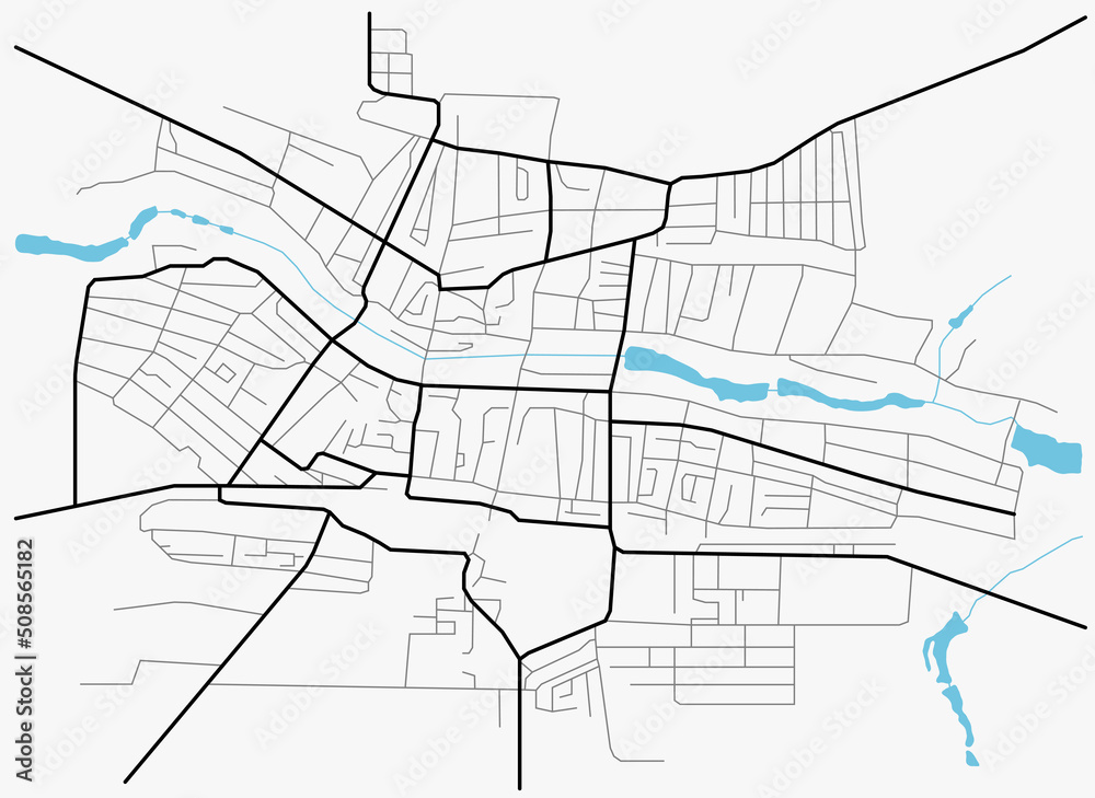 City map of Novoaleksandrovsk. Scheme of town streets. Gps line navigation plan. Black line road on white isolated background. Urban pattern texture. Vector
