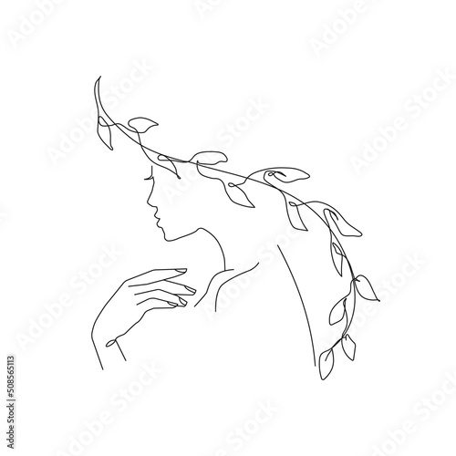 Elegant Woman Face with Leaves One Line Art Style Drawing. Continuous Line Art Minimalist Style for Wall Art, Print, Tattoo, Poster, Textile etc. Floral Female Fashion Face Vector illustration 