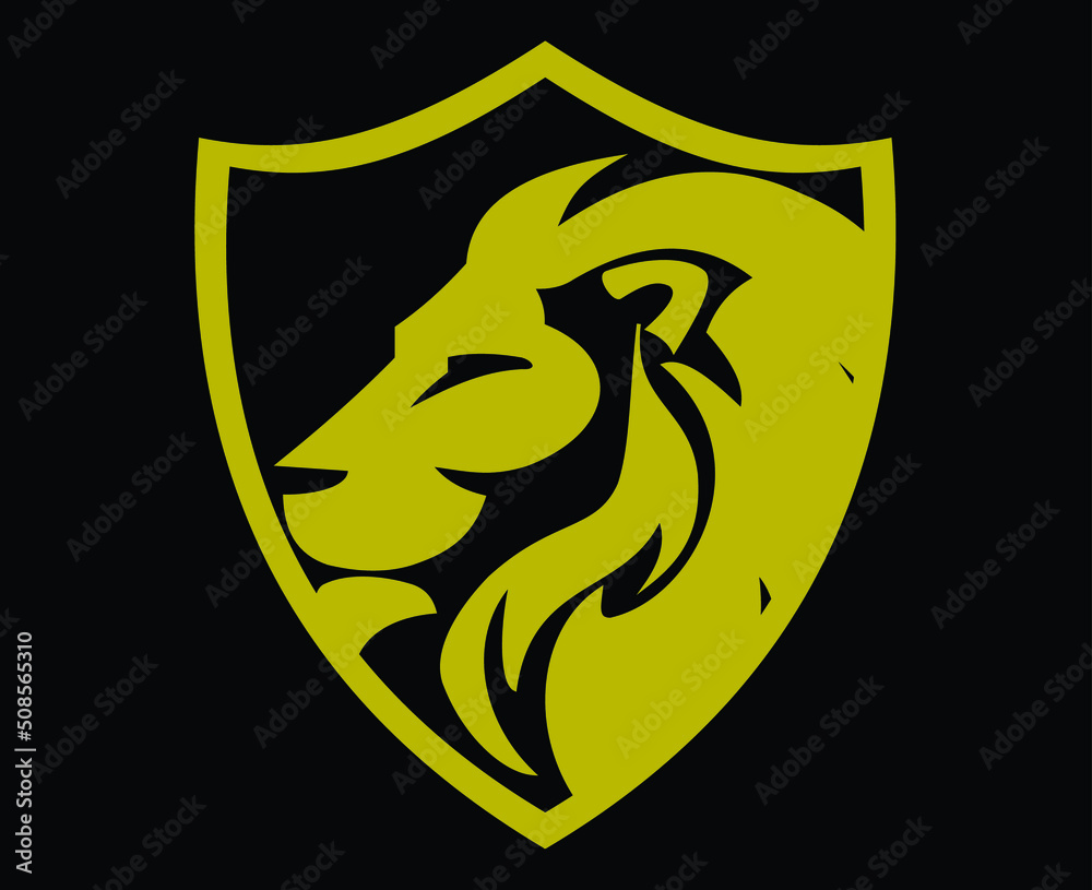 Fototapeta premium Lion head shield logo icon. Royal gold crown badge symbol. Vector illustration logo