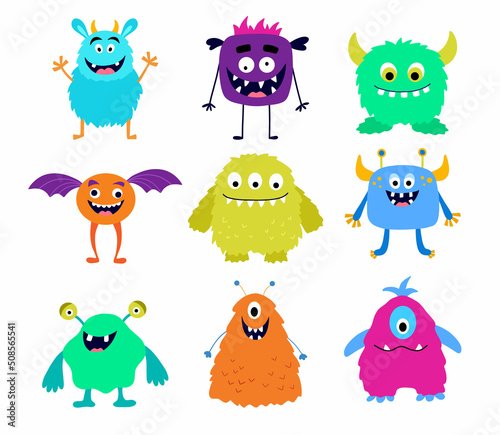 Set of cute colorful monsters. Funny cool cartoon fluffy monster, aliens for childish cards and books. Hand drawn flat vector illustration isolated on white background.