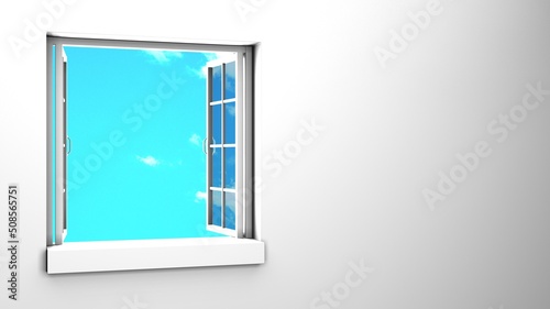 White window with blue sky. 3d rendering illustration.