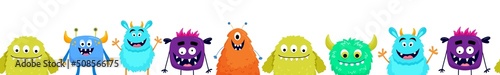 Seamless border with cute colorful monsters. Funny cool cartoon fluffy monster, aliens for childish cards and books. Vector endless border on white background.
