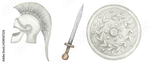 Watercolor spartans helmet, sword, shield, Ancient greek weapons and armor hand drawn isolated illustration on white background