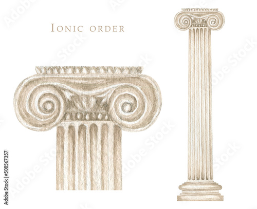 Tableau sur toile Watercolor antique ionic column, Ancient Classic Greek ionic order, Roman Column