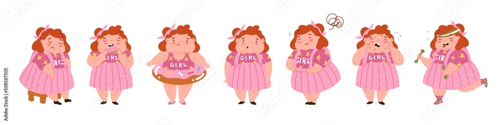 Childhood obesity. Collection of characters on the theme of overweight. Stop children's overeating. Girl suffers from corpulence. Diseases of the gastrointestinal tract. Vector illustration. Childhood obesity. Collection of characters on the theme of overweight. Stop children's overeating. Girl suffers from corpulence. Diseases of the gastrointestinal tract. Vector illustration.