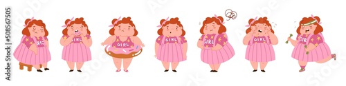 Childhood obesity. Collection of characters on the theme of overweight. Stop children's overeating. Girl suffers from corpulence. Diseases of the gastrointestinal tract. Vector illustration.