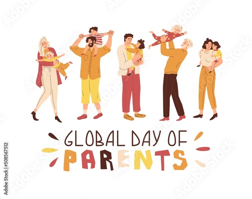 Set Parents hug their children. Mothers and fathers are playing with kids. Happy family. The upbringing and care of children. Holiday in kindergarten. Flat style in vector illustration. Isolated