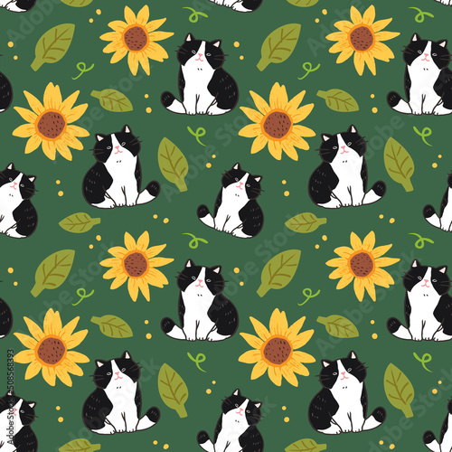 Seamless Pattern with Cartoon Cat, Sunflower and Leaf Design on Deep Green Background