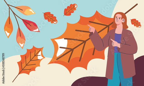 woman with leafs autumn season