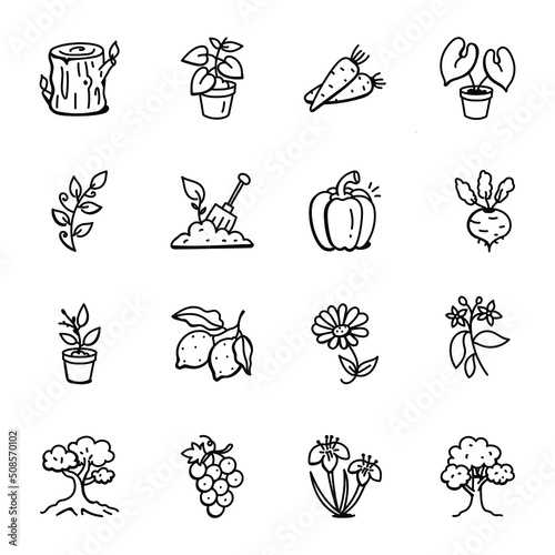 Set of Forestation and Vegetation Doodle Icons