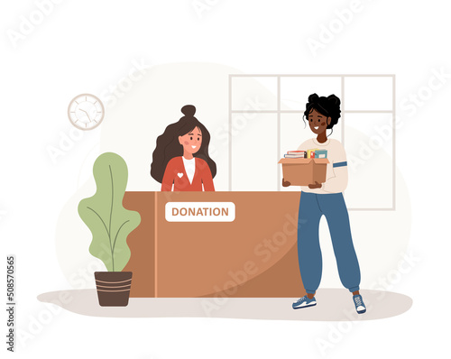 Book donation. African woman with cardboard box full of different textbooks. Fund or help center for poor people. Volunteering and social care concept. Vector illustration in flat cartoon style.
