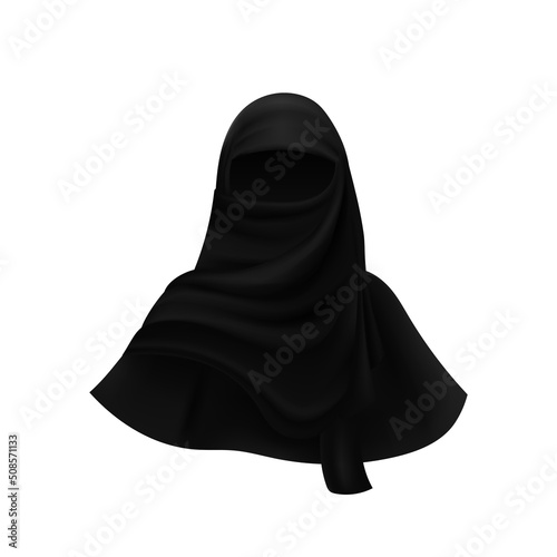 Black hijab template. Islamic traditional realistic cape covering body and face for women following the strict traditions of Islam with vector face closure