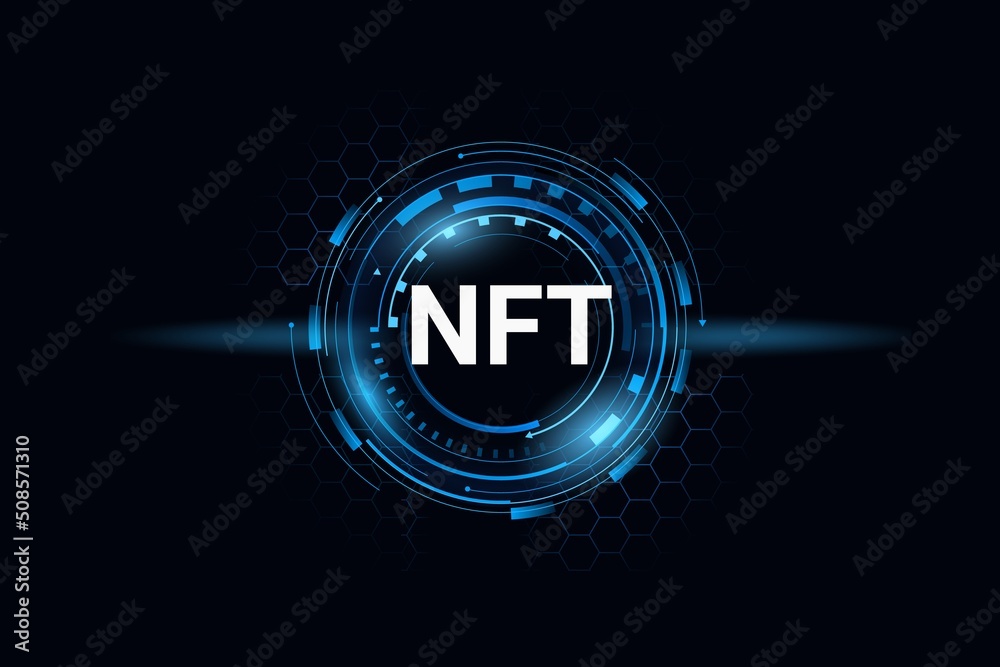 NFT digital round token. Cyber cryptocoin with blue glow and techno design cryptocurrency transactions and web investment with virtual vector payment - obrazy, fototapety, plakaty 