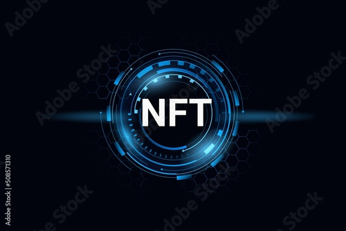 NFT digital round token. Cyber cryptocoin with blue glow and techno design cryptocurrency transactions and web investment with virtual vector payment