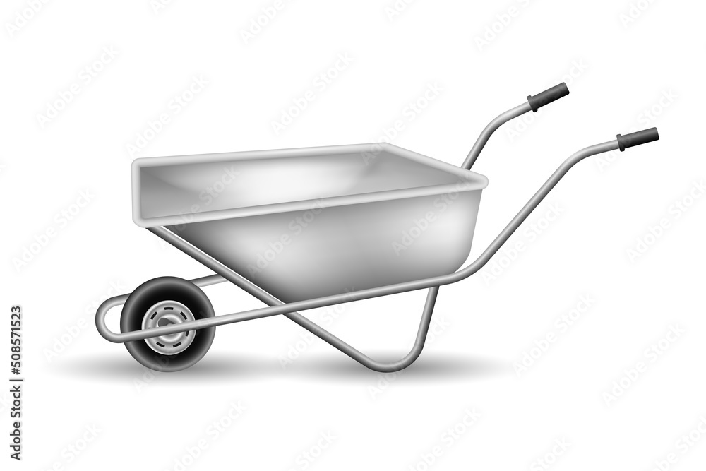 Steel realistic wheelbarrow. Empty device for hauling trash and helping with gardening convenient technical design for cargo and major help in household vector work Steel realistic wheelbarrow. Empty device for hauling trash and helping with gardening convenient technical design for cargo and major help in household vector work