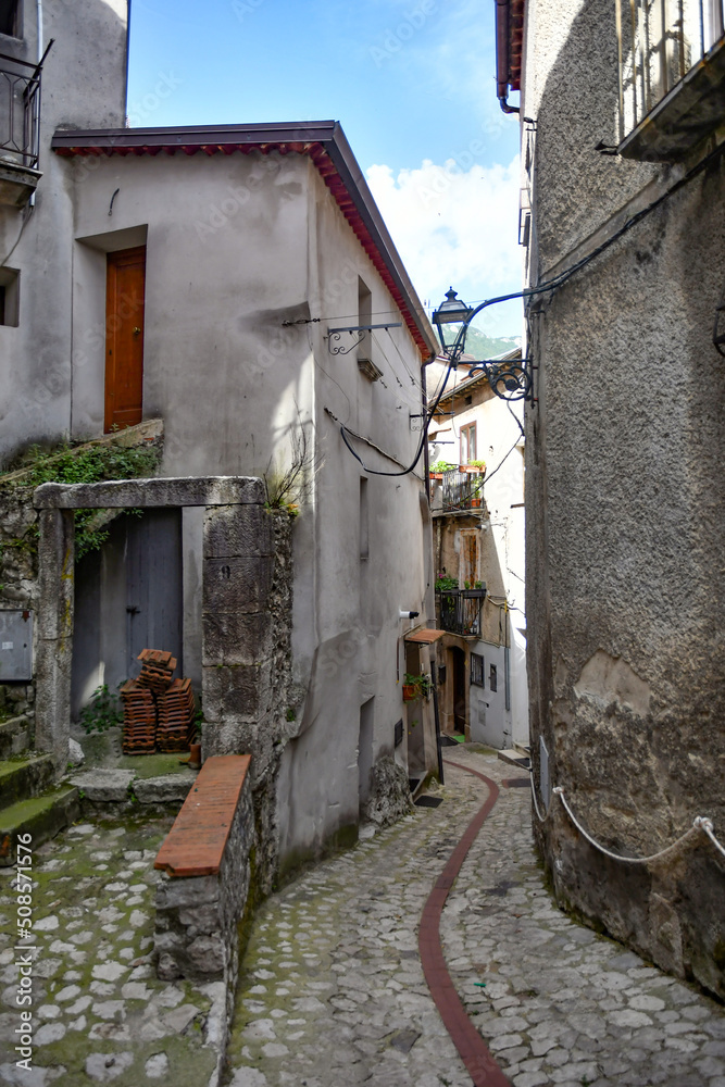 Fototapeta premium A narrow street between the old houses of Petina, a village in the mountains of Salerno province, Italy.
