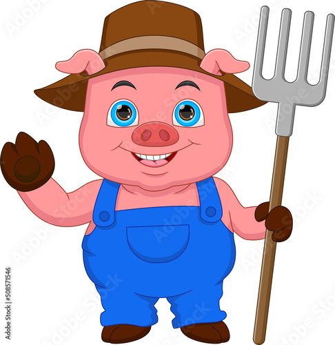 cartoon cute pig holding a rake