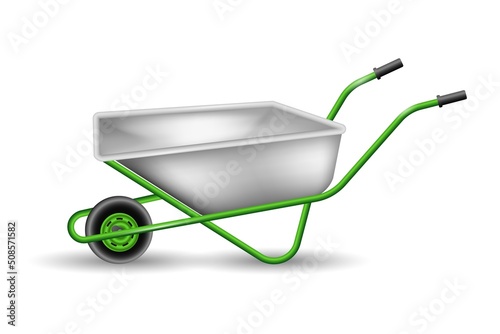 Steel wheelbarrow with green bindings. Tool for hauling trash and helping with gardening convenient technical design for cargo and major help in household vector work