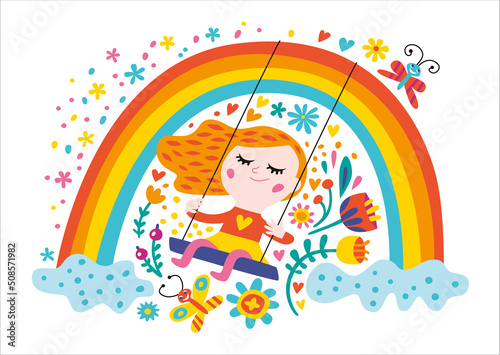 Card for girl. Vector isolated illustration with beautiful fairy and unicorn on a white background. 