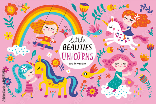 Set with beautiful fairies and unicorns for girl. Vector isolated illustrations on a pink background. 