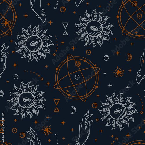 Magical seamless pattern with the sun, stars, moon. Alchemical cosmos. Celestial pattern. Vector hand-drawn background. 