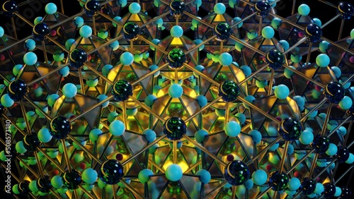 Abstract 3D Atomic structure. Glowing energy balls. Nuclear reaction. Concept nanotechnology. Neutrons and protons - nucleus. 3D Illustration