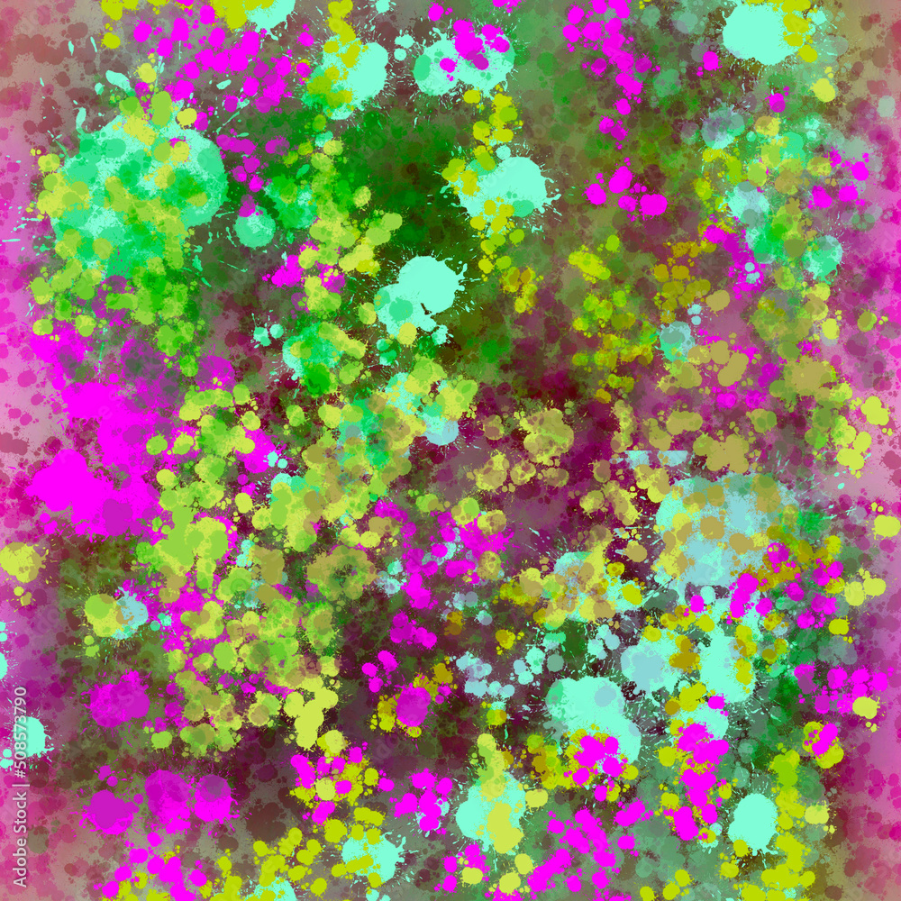 Abstract neon multicolored painted pattern with bright chaotic mixed spots, blots, smudges, lines, strokes, stains