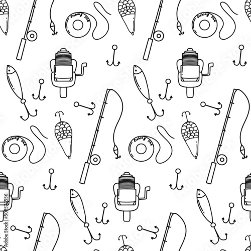 Pattern with fishing rod, hook and float. Doodle style. Fishing seamless pattern. Vector illustration.