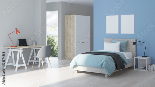 Modern teenager room interior with workplace and bed. Idea for design. 3D rendering