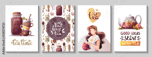 Set of cards with teapots, loose tea, teacups, handwritten quotes. Tea shop, cafe-bar, tea lover, beverages concept. A4 vector illustration for poster, banner, cover, card, postcard. 