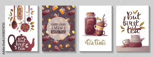 Set of cards with teapots, jar and spoon of loose tea, teacups, handwritten quotes. Tea shop, cafe-bar, tea lover, beverages concept. A4 vector illustration for poster, banner, cover, card, postcard. 