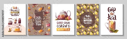 Set of cards with teapots, loose tea, teacups, handwritten quotes. Tea shop, cafe-bar, tea lover, beverages concept. A4 vector illustration for poster, banner, cover, card, postcard. 